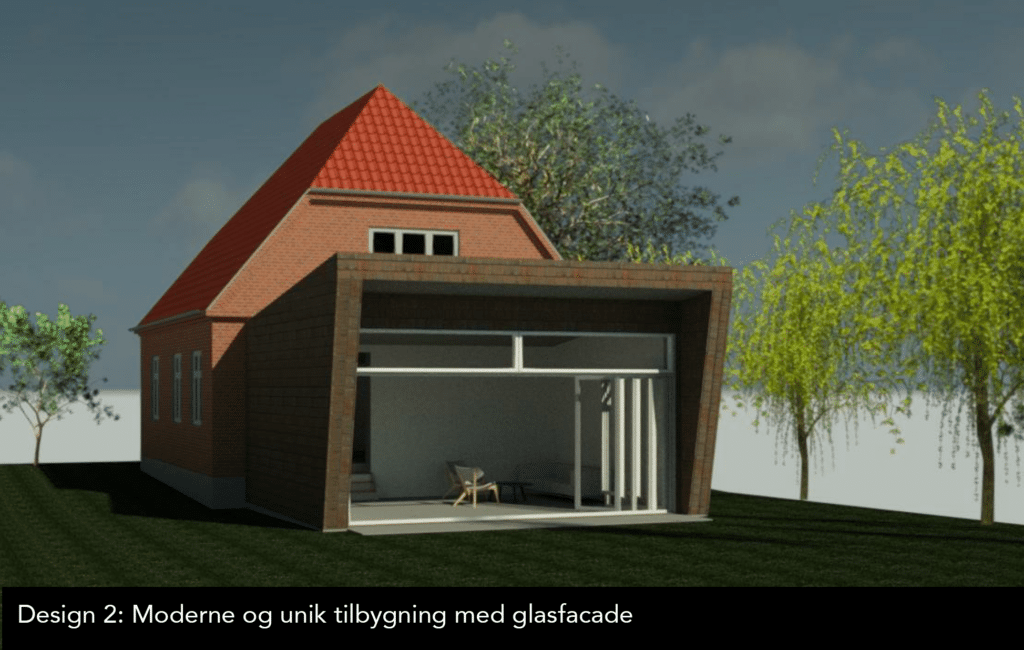 3D visualisering af tilbygning med panorama vindue på murermestervilla