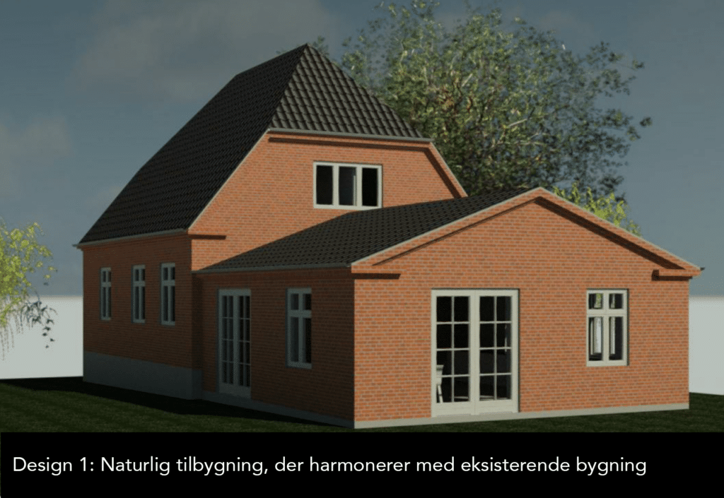 3D visualisering af tilbygning med skråtag og tegl på murermestervilla i Høng