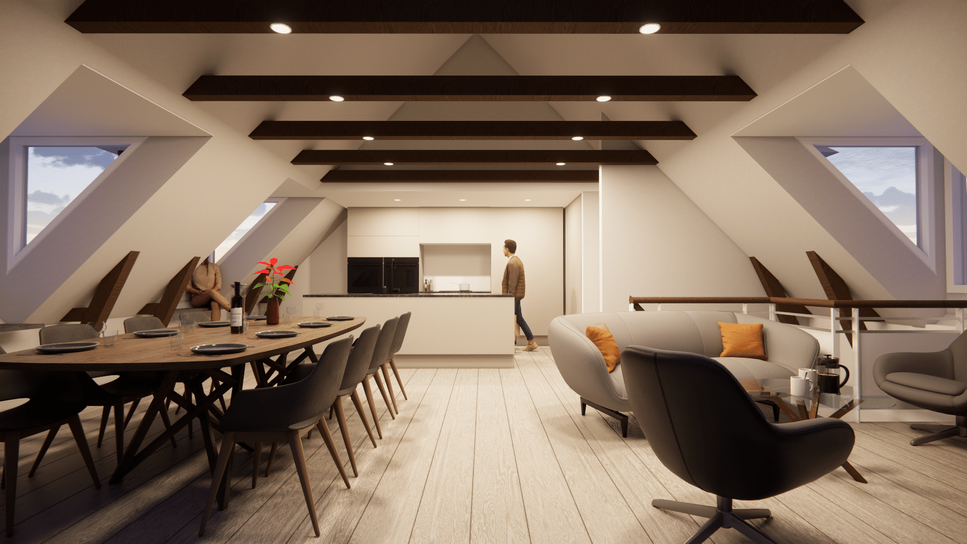 3D illustrering af ombygning af 1. sal på Strandvilla i Korsør med kokken ø og stor åben spisestue